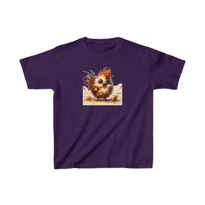 Sophisticated Child’s Unisex Cartoon Bird Graphic Cotton Tee in elegant purple hue, showcasing a whimsical cartoon bird graphic ideal for stylish young wearers.