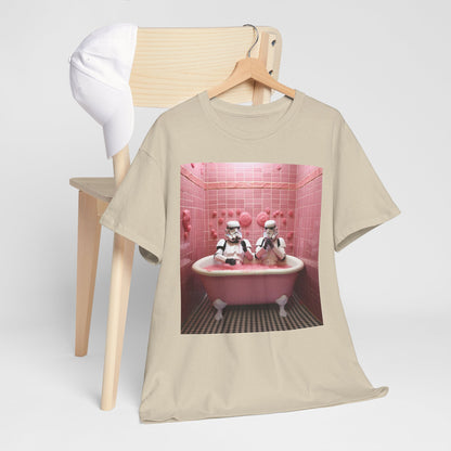 Luxurious men's t-shirt displayed alongside a chair, featuring an artistic print of Stormtroopers enjoying a bath, a perfect blend of fun and sophistication.
