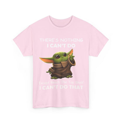 Front view of a whimsical pink unisex tee shirt titled 'Grogu, The Child, Baby Yoda', displaying a charming illustration and humorous quote.