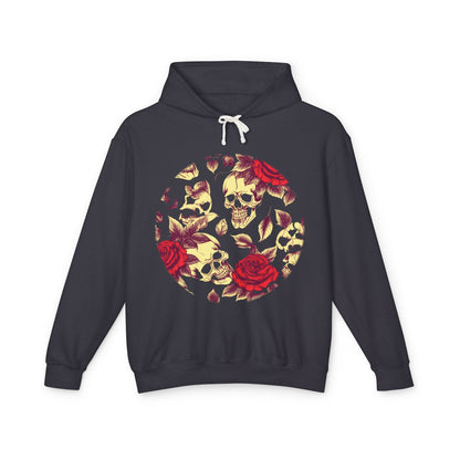 Elegant Unisex Lightweight Hooded Sweatshirt showcasing a unique designer skull and roses illustration on a bold black background, perfect for making a fashion statement.