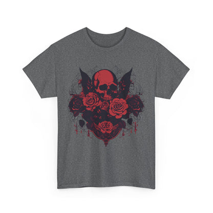 Front view of Skulls and Roses Cotton Tee, featuring vibrant skull and rose design, perfect for making a bold fashion statement.