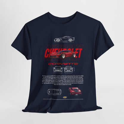 Stylish navy blue men's T-shirt displayed elegantly, featuring detailed Chevrolet Corvette graphic and informative text about the model's heritage.