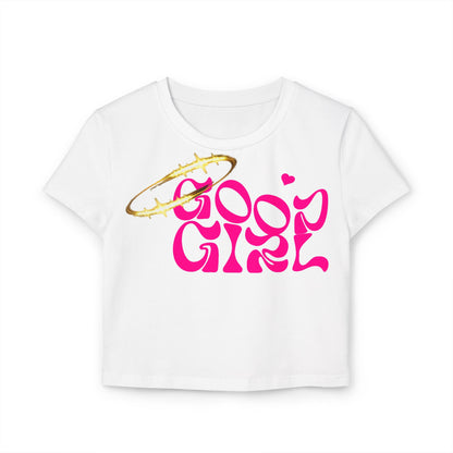 Classic white cropped t-shirt displaying the 'Good Girl' lettering in eye-catching pink and a gold halo accent, suitable for fashionable everyday wear.
