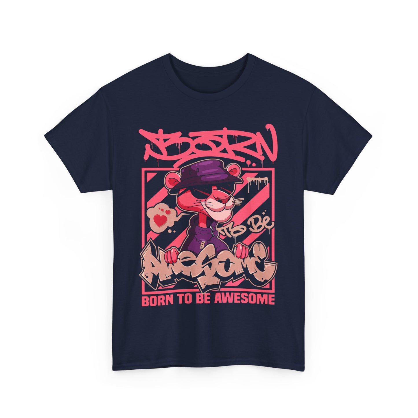 Stylish men's t-shirt featuring a vibrant pink panther graphic, with graffiti style text reading 'BORN TO BE AWESOME', perfect for urban fashion enthusiasts.