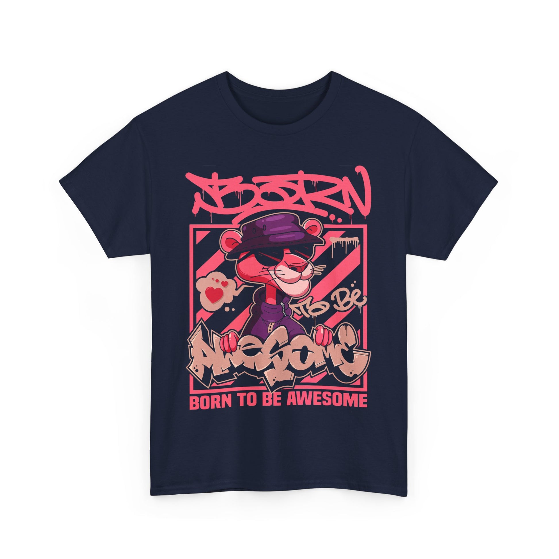 Stylish men's t-shirt featuring a vibrant pink panther graphic, with graffiti style text reading 'BORN TO BE AWESOME', perfect for urban fashion enthusiasts.