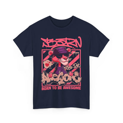Stylish men's t-shirt featuring a vibrant pink panther graphic, with graffiti style text reading 'BORN TO BE AWESOME', perfect for urban fashion enthusiasts.