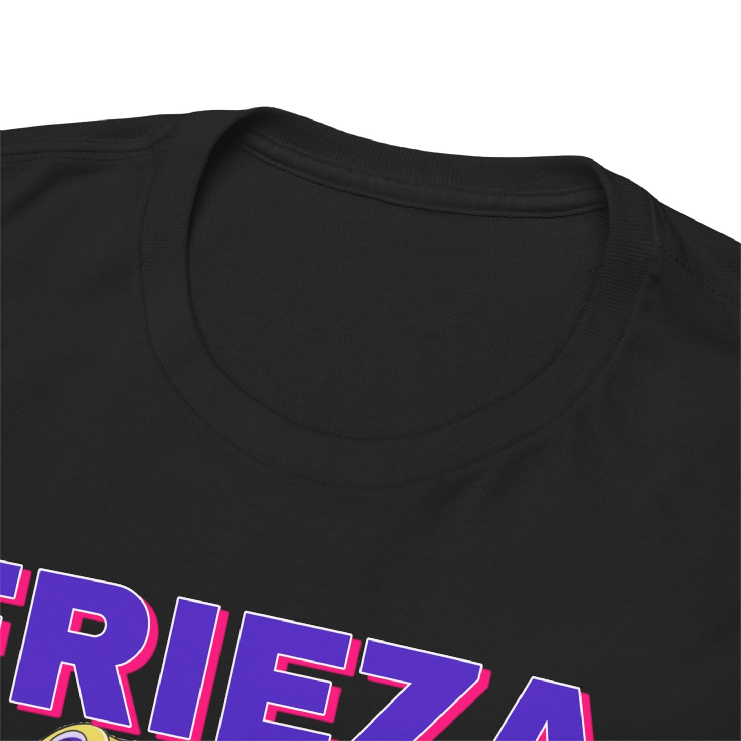 Close-up view of the collar and shoulder area of a luxurious black Frieza T-shirt from Dragon Ball Z, featuring bold Frieza graphic design in vibrant colours.