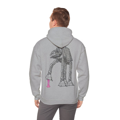 Stylish model showcasing the Dynamic Back Print Hoodie Featuring Rebel Gum Star Wars AT-AT with Pink Gum in an urban setting.