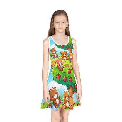 Close-up view of the Sophia Buttercup Girls Sundress, showcasing its delightful teddy bear design, crafted by Dazzling Dreams Studio for stylish summer days.