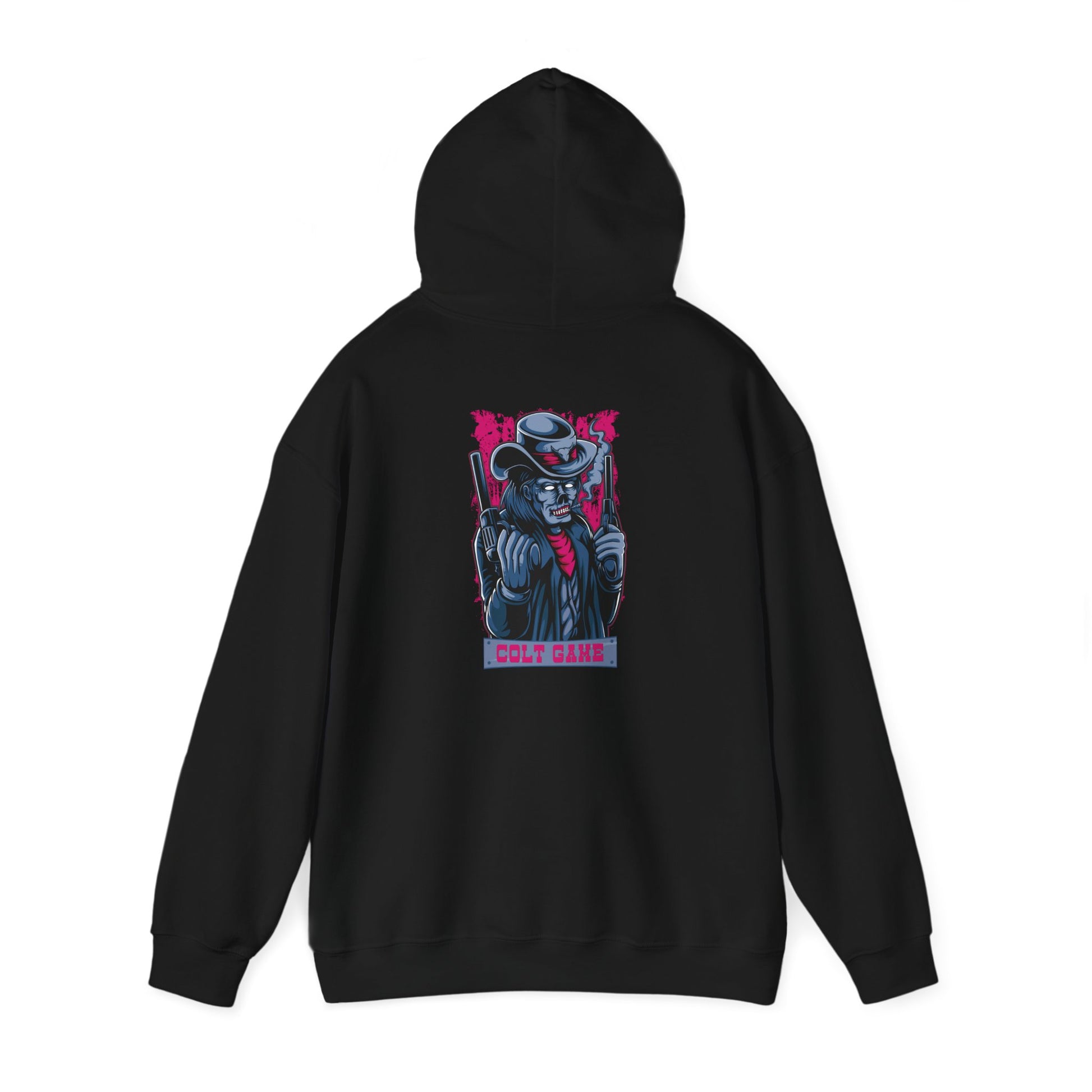 Back view of a sophisticated black hoodie highlighting a striking graphic of a robust figure in a cowboy hat, enhanced with eye-catching visual elements.
