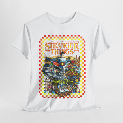Luxurious white graphic tee featuring a vibrant 'Stranger Things Rink O Mania' design, showcasing retro arcade elements and 80s nostalgia.