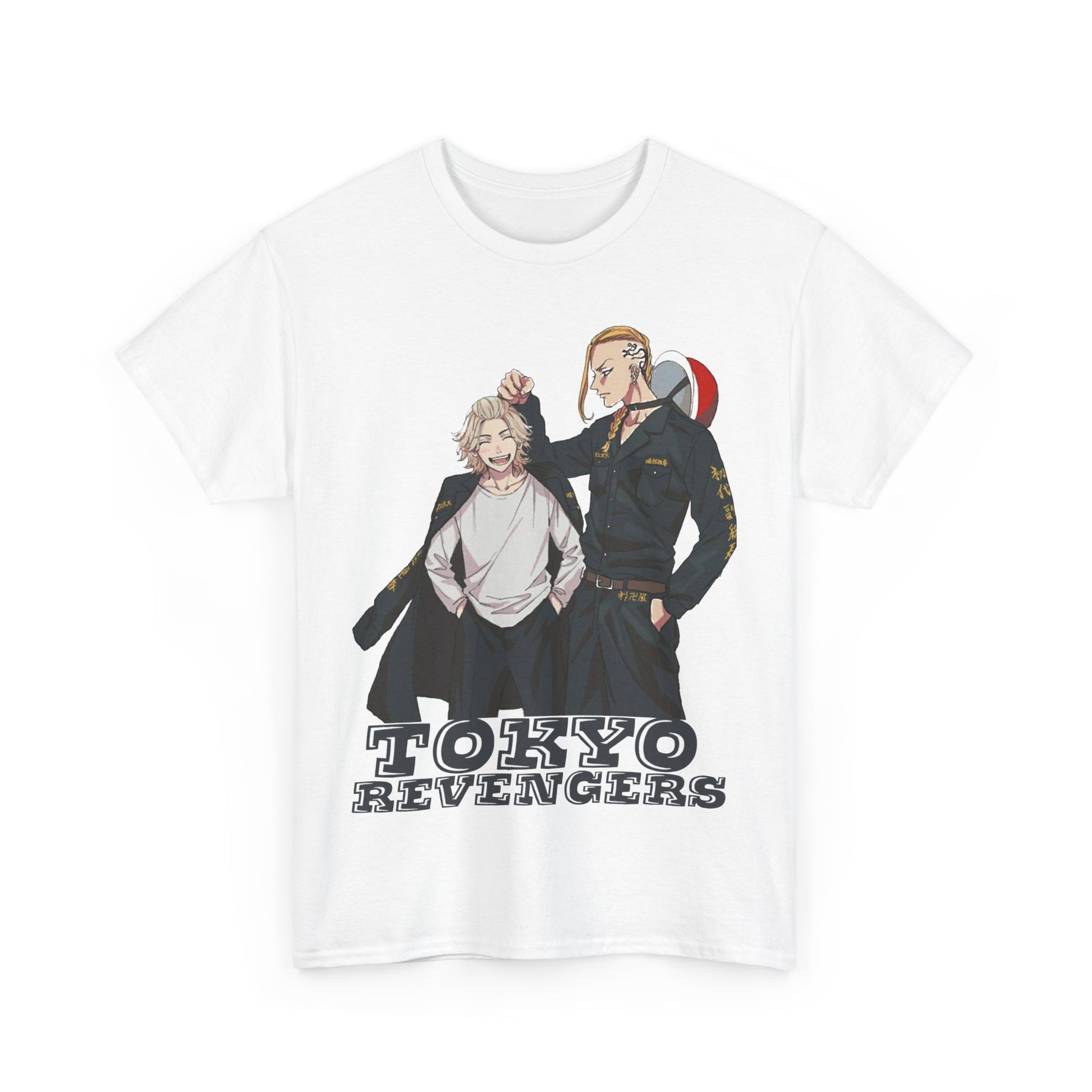 Front view of luxurious white Tokyo Revengers anime men's t-shirt displaying vibrant artwork of two iconic characters, ideal for anime aficionados.