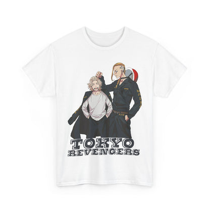 Front view of luxurious white Tokyo Revengers anime men's t-shirt displaying vibrant artwork of two iconic characters, ideal for anime aficionados.