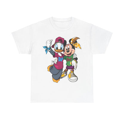 Daisy Duck & Minnie Mouse Unisex Graphic Tee Shirt showcasing a fashionable and playful design, with Daisy displaying confidence and Minnie exuding joy, perfect for expressing vibrant youth culture.