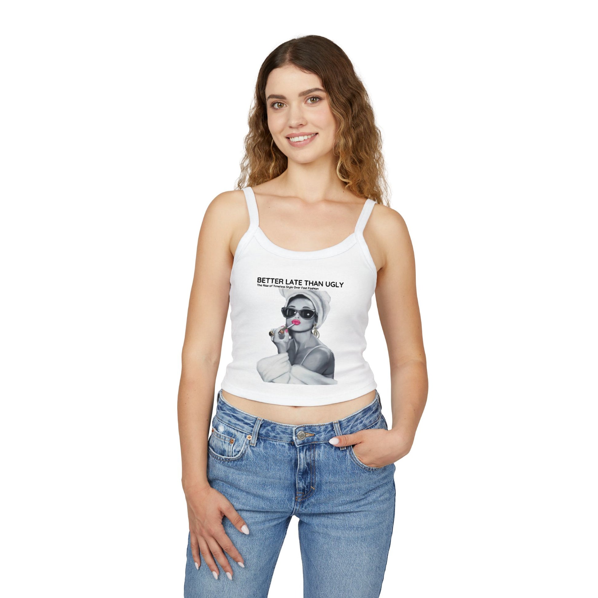 Chic model showcasing the 'Better Late Than Ugly' tank top, exuding confidence with oversized sunglasses and a stylish pose, perfect for the fashion-forward individual.