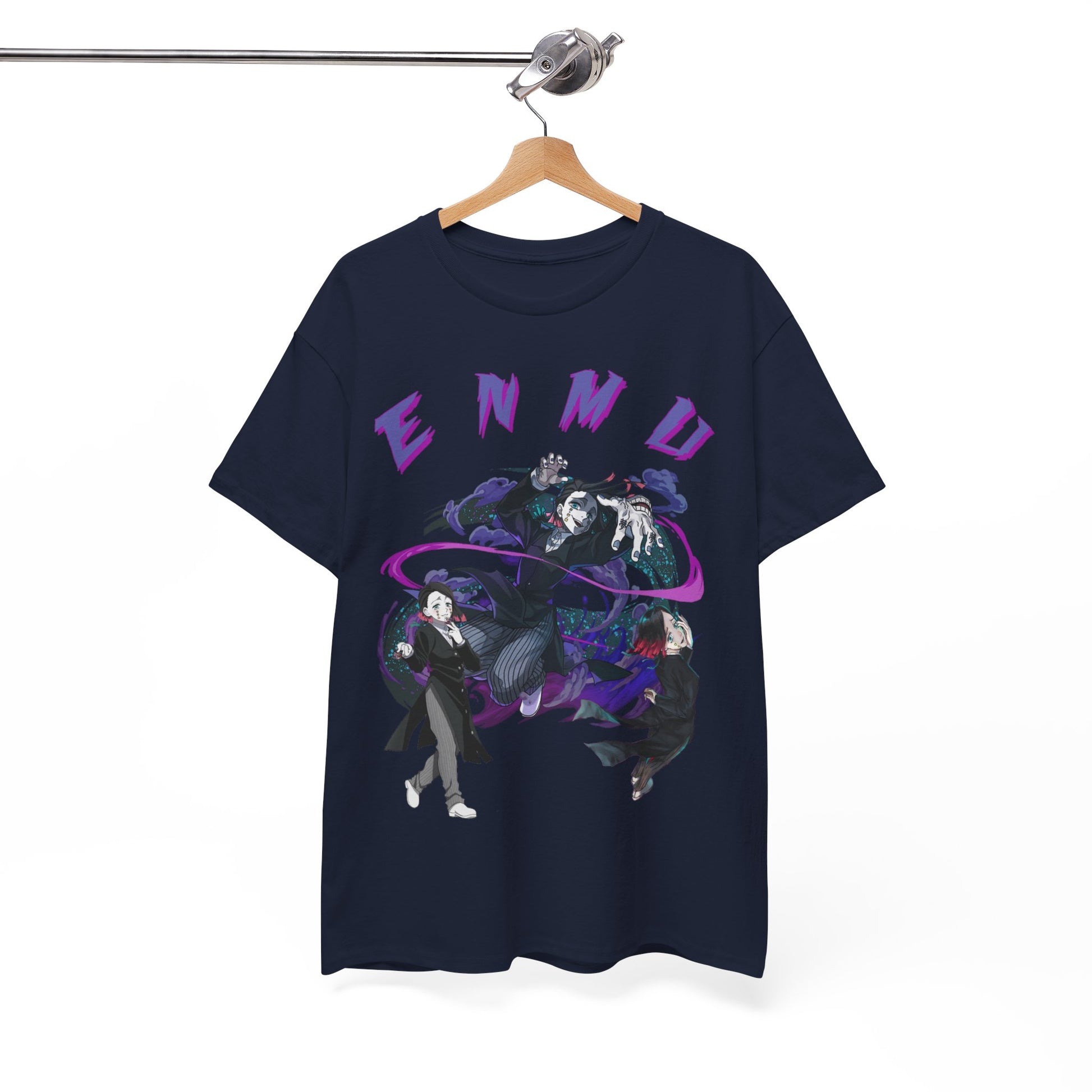 Sophisticated hanging display of a navy blue Enmu-inspired T-shirt featuring striking character visuals, ideal for enhancing any anime lover's wardrobe.
