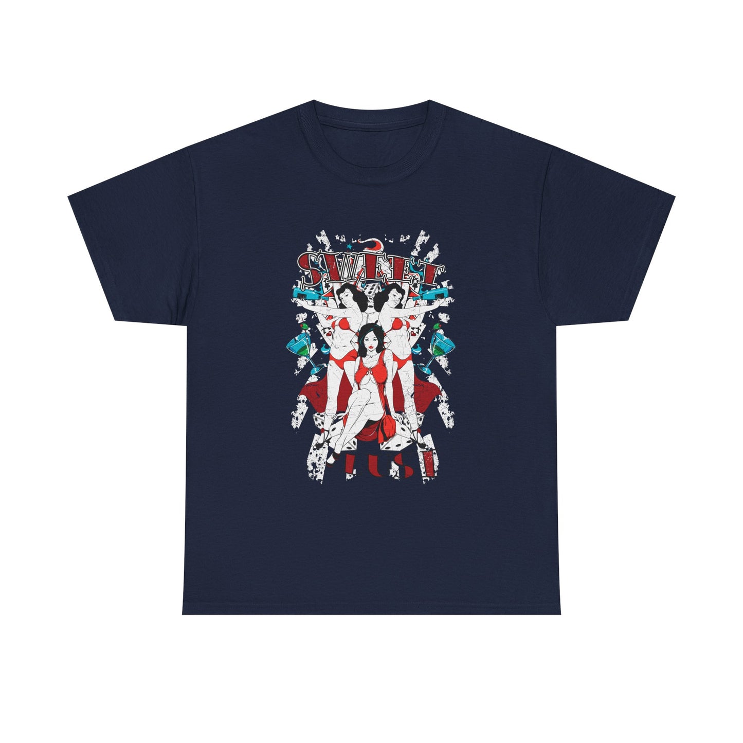 Sophisticated navy graphic tee showcasing 'SWEET LUST' adorned with captivating pin-up girls in red ensembles, accompanied by playful dice and cocktail glasses, ideal for luxe casual outings.