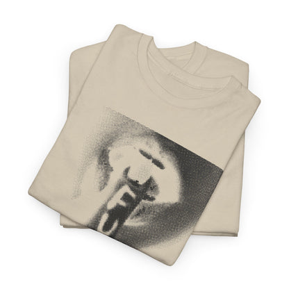 Elegant beige unisex graphic t-shirt featuring a bold black-and-white halftone design, perfect for casual streetwear.
