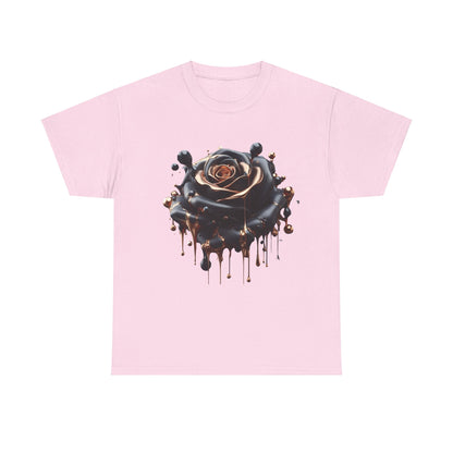 Luxuriously crafted Close-Up Abstract Rose Unisex Cotton Tee Graphic T Shirt featuring an exquisite black rose design with molten bronze accents against a soft pink background.