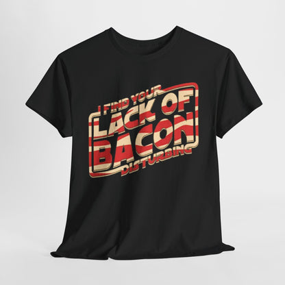 Chic presentation of the Star Wars Bacon graphic t-shirt, featuring the playful phrase 'I Find Your Lack of Bacon Disturbing' in a vibrant retro font, ideal for stylish bacon enthusiasts.