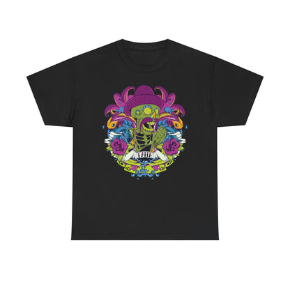 Vibrant black t-shirt featuring a whimsical skeleton design with a purple sombrero, surrounded by stylised octopus tentacles, koi fish, and rose flowers, conveying a playful yet elegant aesthetic.