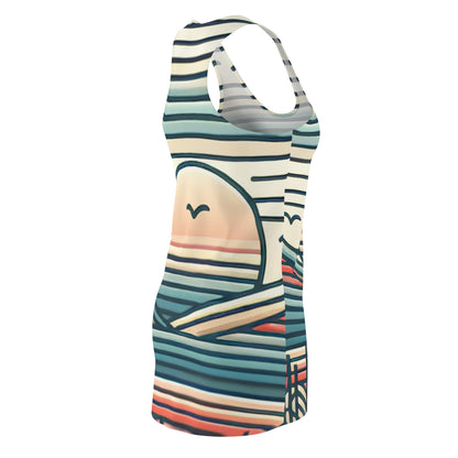 Model wearing the Astro Sunset Pattern Racerback Dress by Dazzling Dreams Studio in a stylish summer garden setting, epitomizing chic elegance.