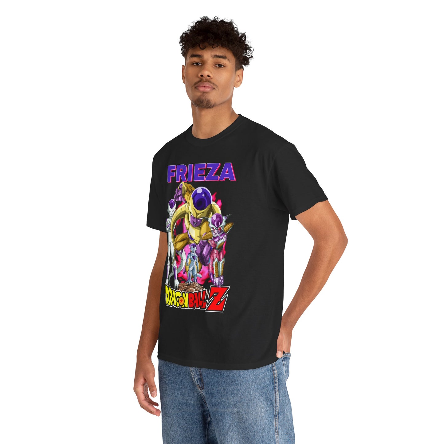 Model wearing a premium Frieza T-shirt from Dragon Ball Z, showcasing an eye-catching graphic print of the iconic character in dynamic poses, perfect for anime enthusiasts.