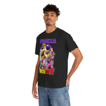 Model wearing a premium Frieza T-shirt from Dragon Ball Z, showcasing an eye-catching graphic print of the iconic character in dynamic poses, perfect for anime enthusiasts.