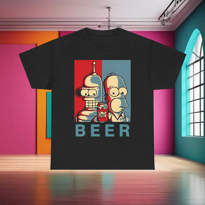 Bender and Homer Beer Poster Graphic T-Shirt Urban Unisex Cotton Tee featured in a chic setting, highlighting an artistic fusion of nostalgic characters.