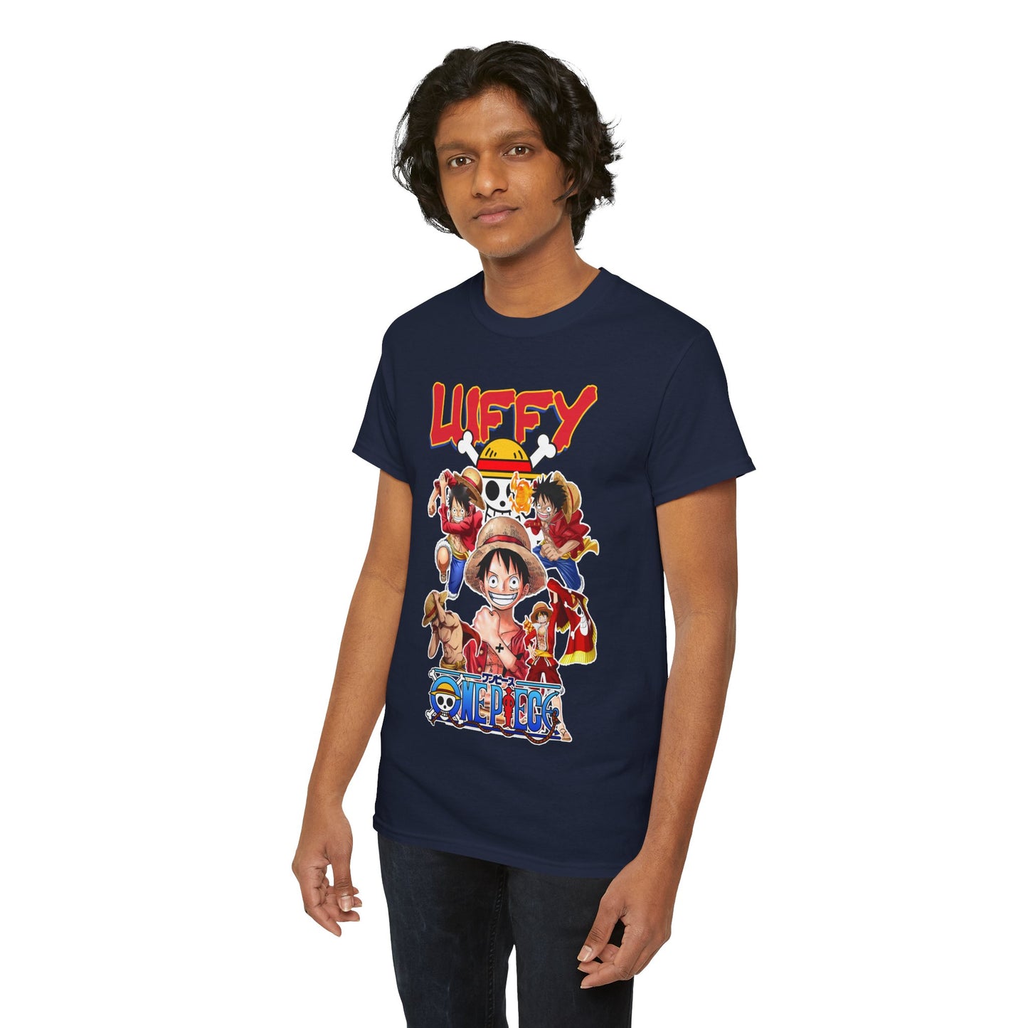 Second model wearing the luxury Luffy & Crew T-shirt, depicting rich colours and an artistic design, emphasising the fashionable blend of anime and modern attire.