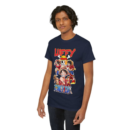 Second model wearing the luxury Luffy & Crew T-shirt, depicting rich colours and an artistic design, emphasising the fashionable blend of anime and modern attire.