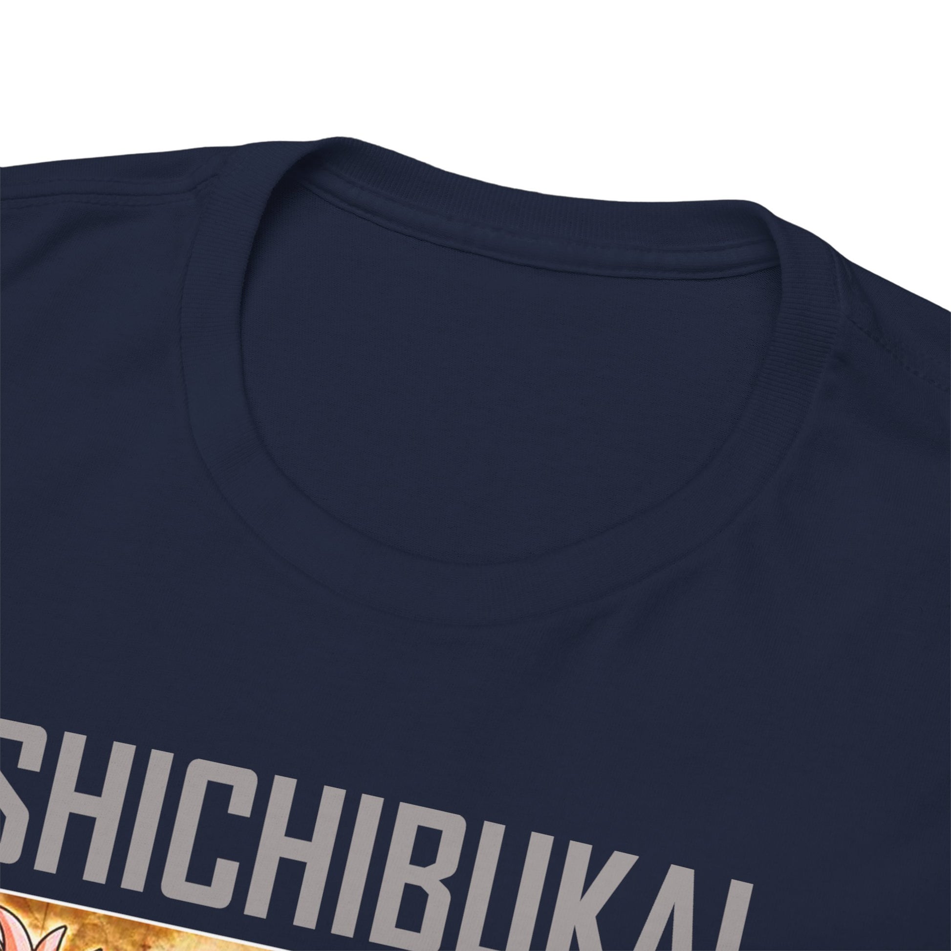 Close-up view of the neckline of the One Piece Shichibukai T-shirt, emphasising luxury fabric and design.