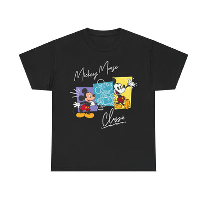 Stylish Unisex Mickey Mouse Graphic Tee in black featuring vibrant retro Disney design with iconic Mickey Mouse illustrations, perfect for every occasion.