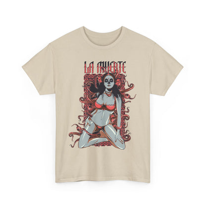 Striking beige t-shirt featuring a unique La Muerte graphic design with a captivating sugar skull illustration, ideal for making a bold style statement.