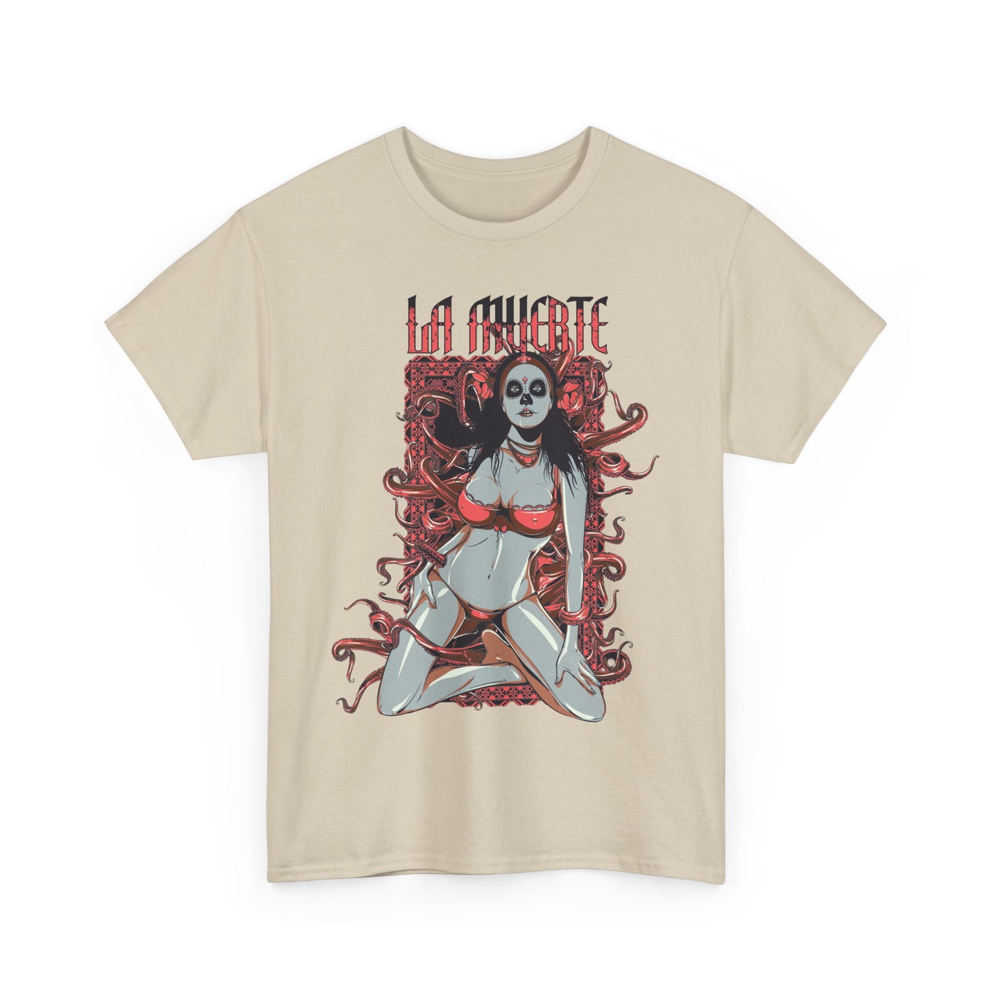 Intricate La Muerte graphic t-shirt, featuring a captivating sugar skull design in rich colours on a beige background, combining tradition with modern artistry.