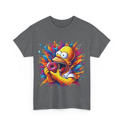 Simpsons Homer Donut Graphic T-Shirt - Chic front view featuring vibrant graphic of Homer Simpson joyfully indulging in his classic pink donut.