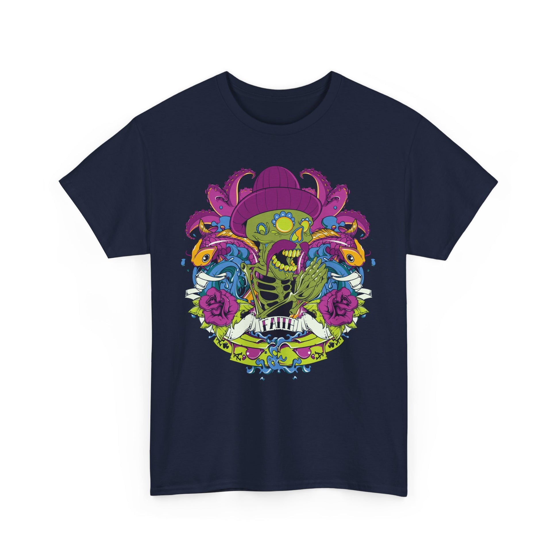 Luxurious men’s t-shirt featuring a vibrant skeleton graphic adorned with a purple sombrero, whimsical octopus tentacles, koi fish, and elegant rose designs, embodying creativity and individuality. Perfect for stylish art enthusiasts.