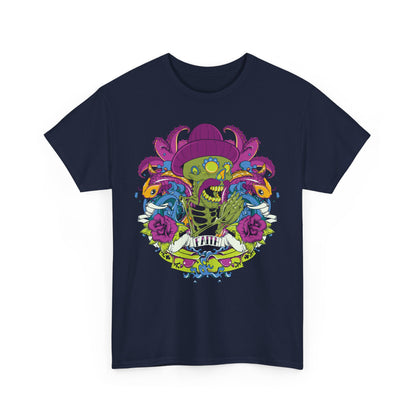 Luxurious men’s t-shirt featuring a vibrant skeleton graphic adorned with a purple sombrero, whimsical octopus tentacles, koi fish, and elegant rose designs, embodying creativity and individuality. Perfect for stylish art enthusiasts.