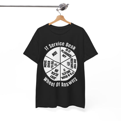 Premium IT Service Desk Funny Graphic Unisex T Shirt displayed on hanger, featuring a unique 'Wheel of Answers' graphic.