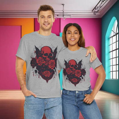 Man and woman showcasing the Skulls and Roses Cotton Tee, exuding stylish confidence with its bold graphic design.