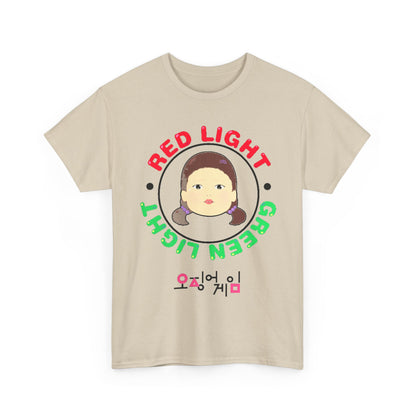 Chic Squid Game Unisex Graphic Cotton Tee displaying 'RED LIGHT GREEN LIGHT' motifs, perfect for urban style aficionados seeking a unique and playful statement piece.