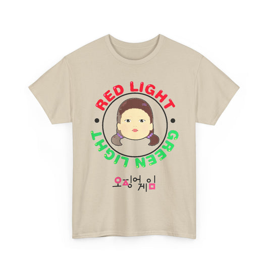 Chic Squid Game Unisex Graphic Cotton Tee displaying 'RED LIGHT GREEN LIGHT' motifs, perfect for urban style aficionados seeking a unique and playful statement piece.