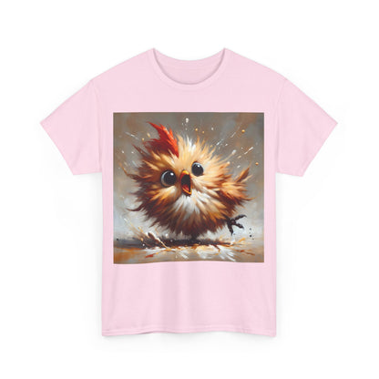 Front view of the Explosive Joy Tee - Cartoon Bird Edition, showcasing a vibrant cartoon bird illustration on a pink shirt, embodying playful luxury.