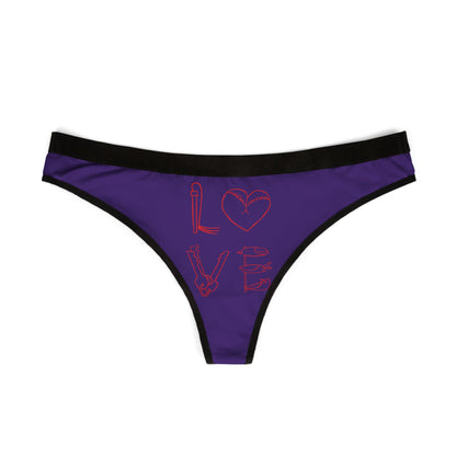 Elegant purple women's thong showcasing an artistic representation of love, ideal for adding humour and charm to intimate apparel.