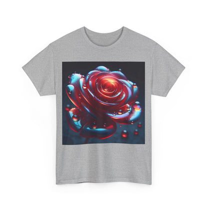 Front view of the Ethereal Rose Unisex Graphic T-Shirt, featuring an iridescent floral illustration of a rose in vibrant colours.