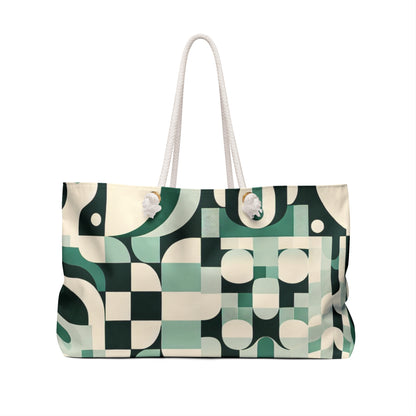 Stylish Daria Bellucci Pastel Green Weekender Bag with ample storage and thick rope handles, perfect for modern travellers by Dazzling Dreams Studio.