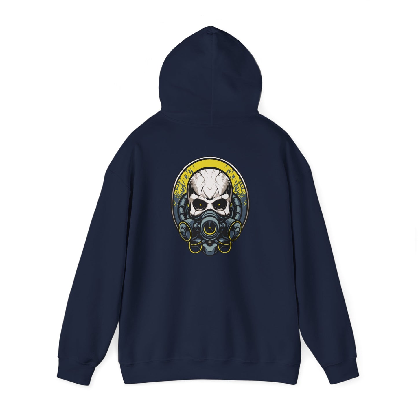 Back view of a chic navy hoodie highlighting an impressive steampunk skull graphic, complete with a gas mask and vibrant yellow circular framing, ideal for unique style enthusiasts.