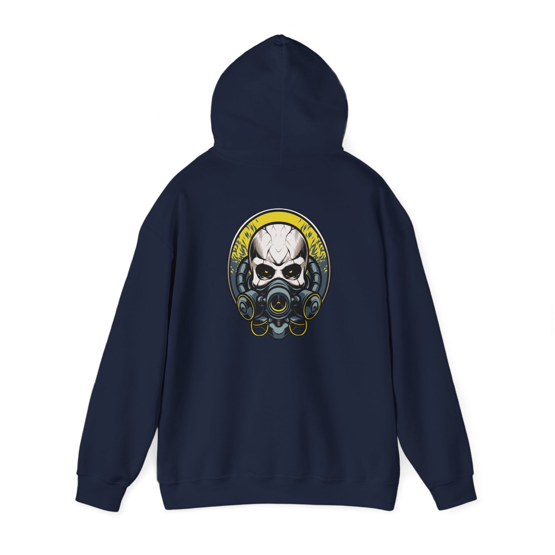 Back view of a chic navy hoodie highlighting an impressive steampunk skull graphic, complete with a gas mask and vibrant yellow circular framing, ideal for unique style enthusiasts.