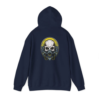 Back view of a chic navy hoodie highlighting an impressive steampunk skull graphic, complete with a gas mask and vibrant yellow circular framing, ideal for unique style enthusiasts.