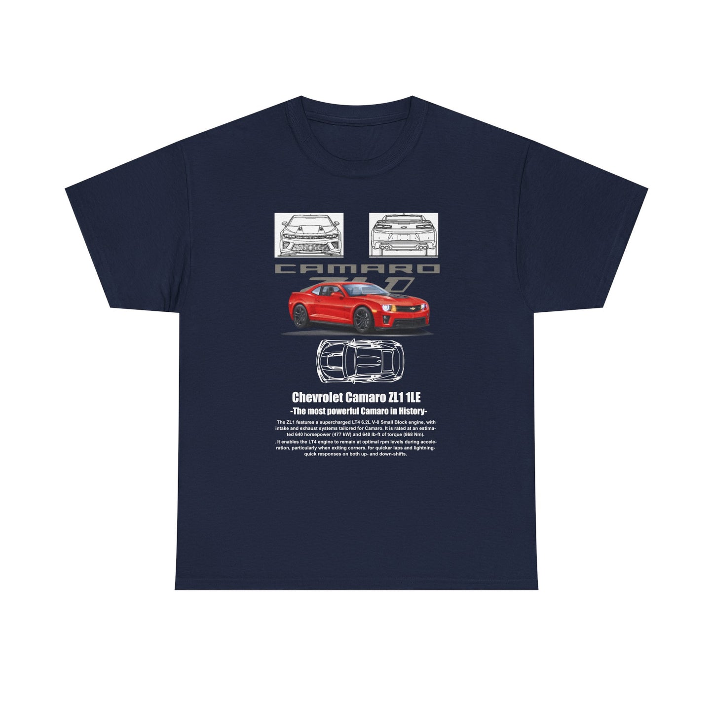 Men's Chevrolet Camaro ZL1 1LE T-Shirt in navy blue, featuring a bold red Camaro graphic and intricate schematics, reflecting a blend of power and sophisticated design.
